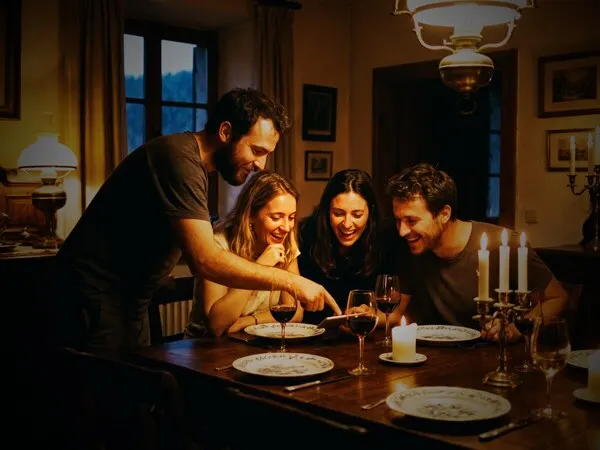 Freunde sitzen abends um einen Tisch und lachen.