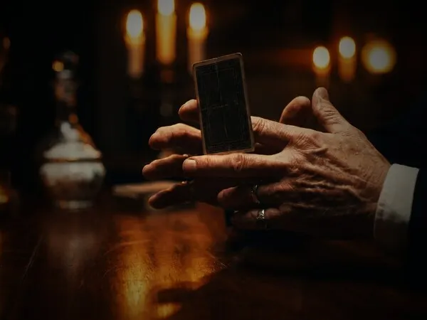 Eine Hand legt eine verdeckte Spielkarte auf dunkles Holz.